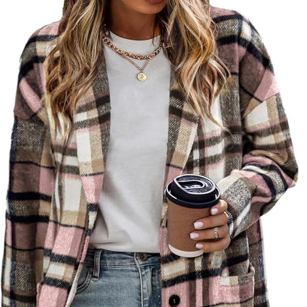PInk Flannel Plaid Shacket Coat Wool Blend Winter Tartan Trench Coat XL